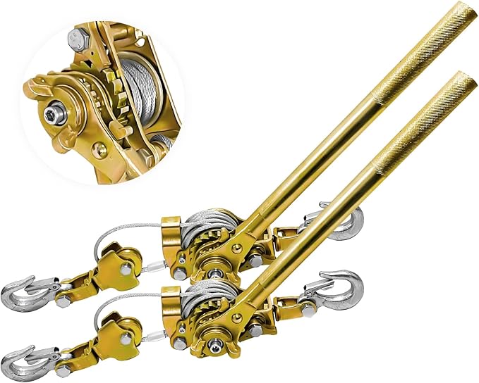 Come Along Winch Heavy Duty 2-Ton (2-Pack) with 6.56ft Steel Cable & 2 Hooks - Dual Gear Power Puller Tool for Automotive Hoisting, Construction Lifting, and Vehicle Recovery