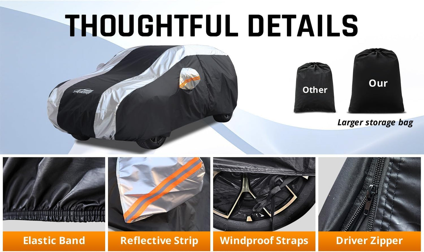 SUV Cover Waterproof All Weather Protection with Silver Stripe Design, Car Cover Universal Fit Ford Explorer, Toyota Highlander, Honda Pilot, Dodge Durango, BMW X5 X6, Lexus RX350