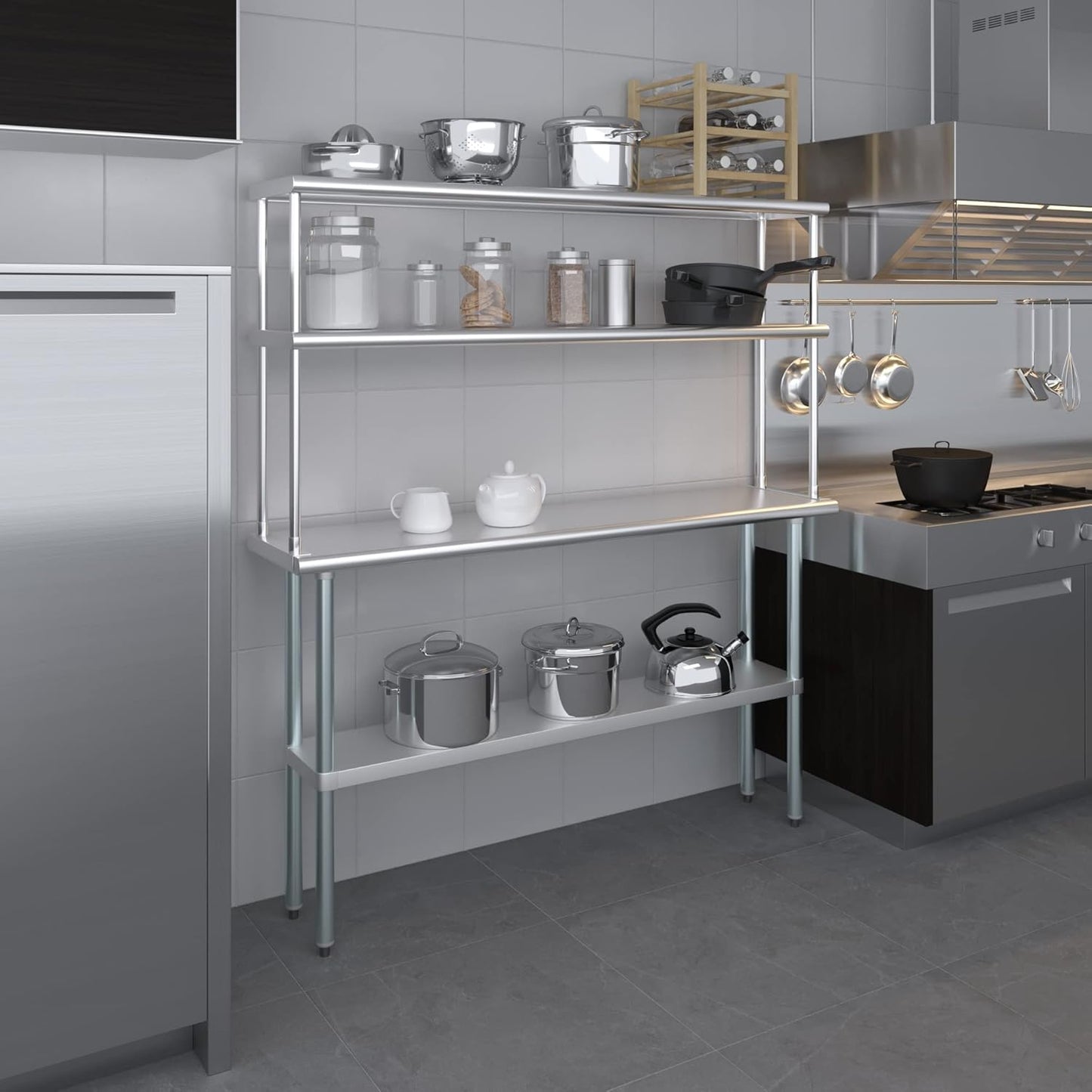 Amgood Stainless Steel Work Table Wide Double Tier Overshelf | NSF | Metal Kitchen Prep Table & Shelving Combo (14" x 60" Work Table + 12" Overshelf)