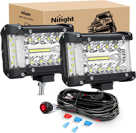 Nilight Side Shooter LED Light Bar 2PCS 4.3 Inch Triple Row Spot Flood Combo with Wiring Harness Kit for Off Road Driving Fog Work Lamp on Truck SUV ATV UTV
