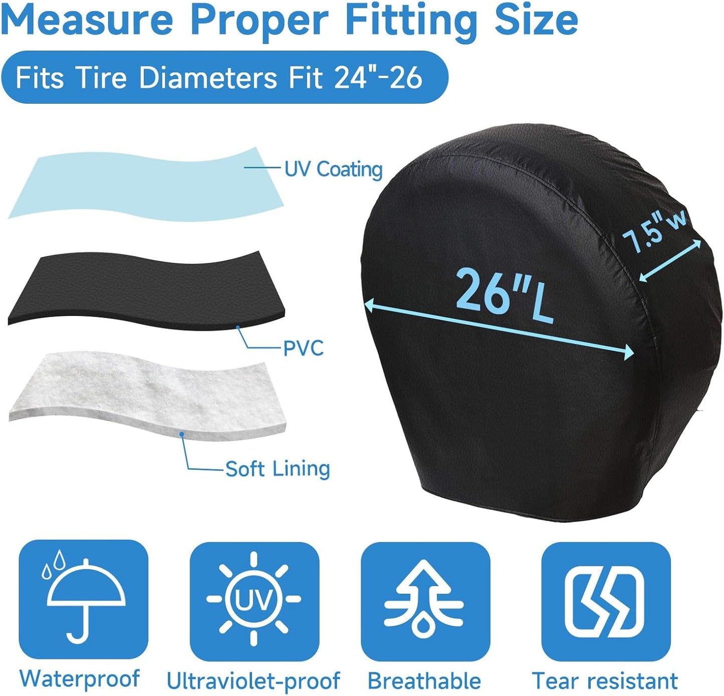 RV Tire Covers Set of 4, Tough Waterproof Wheel Protector for Trailer Camper, Truck, SUV, Motorhome, Universal Fits Tire Diameters 24-26 inches, Black