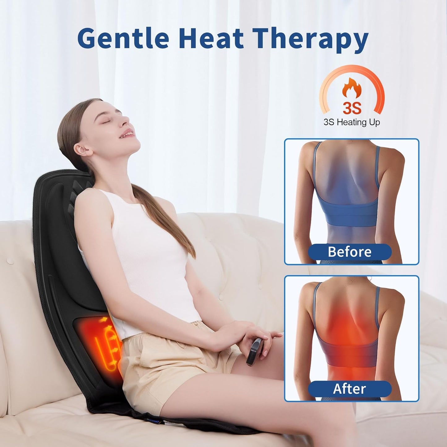Back Massage Chair Pad with 3D Lumbar Support, Electric Back Massager for Pain Relief, Massage Seat Cushion with 3 Vibration Intensities & 2 Heat Levels