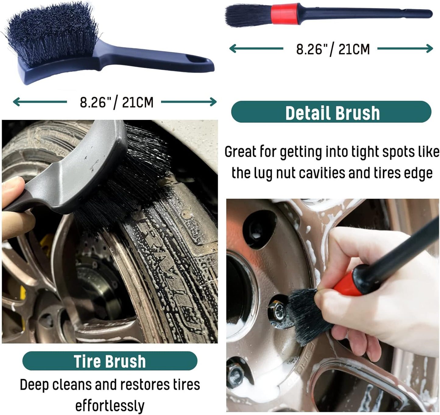 Professional 4 Pack Long Handle Wheel Brush Kit for Cleaning Wheel and Tire- 2X Soft Wheel Cleaning Brush, Detailing Brush and Stiff Tire Brush, Bendable& Durable Wheel Rim Cleaner Brush Set