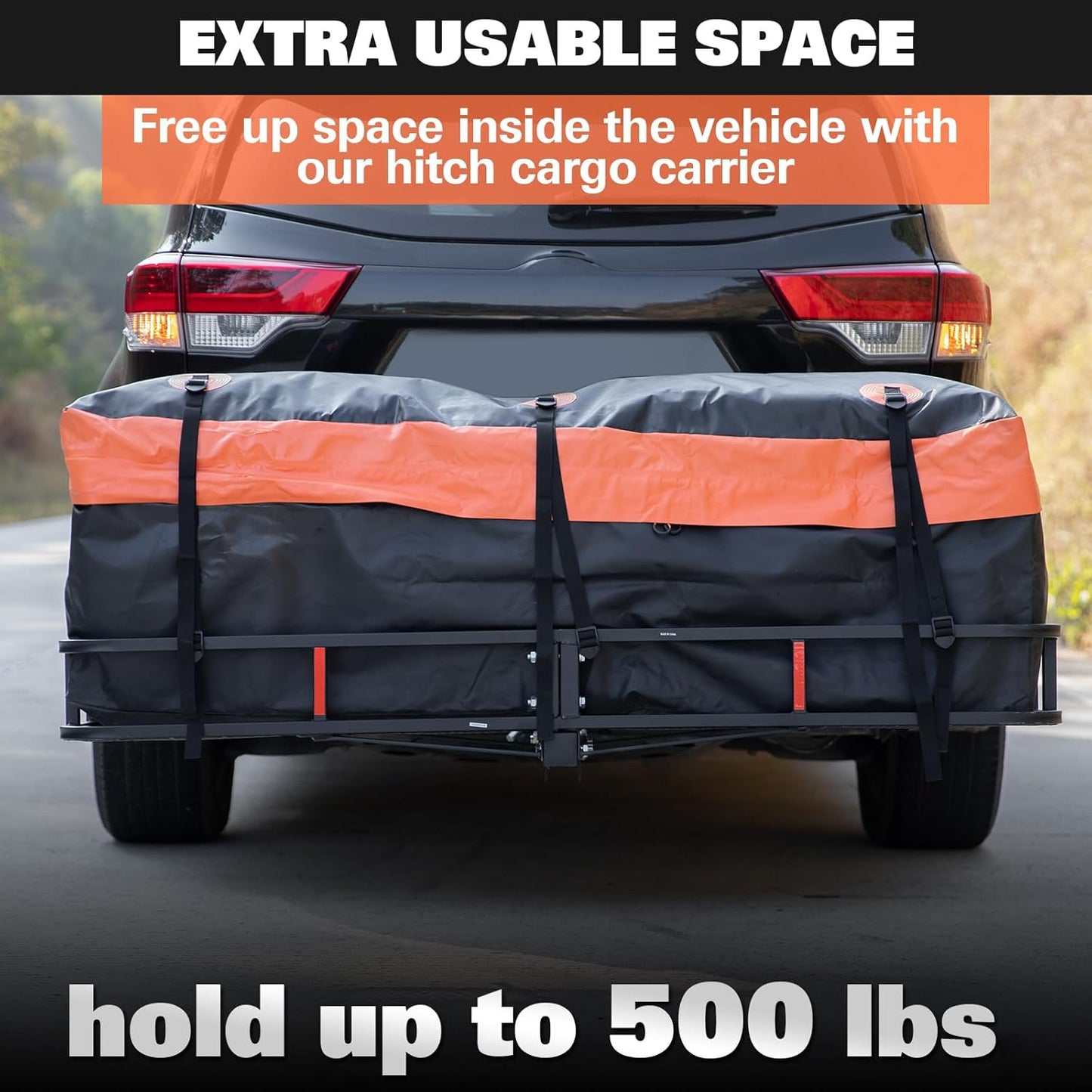 WEIZE Folding Hitch Mount Cargo Carrier Basket 60" x 20" x 6" with Waterproof Bag, Net, Strap, 2-Inch Folding Shank, 500 lbs Capacity Hitch Rack, Steel Construction