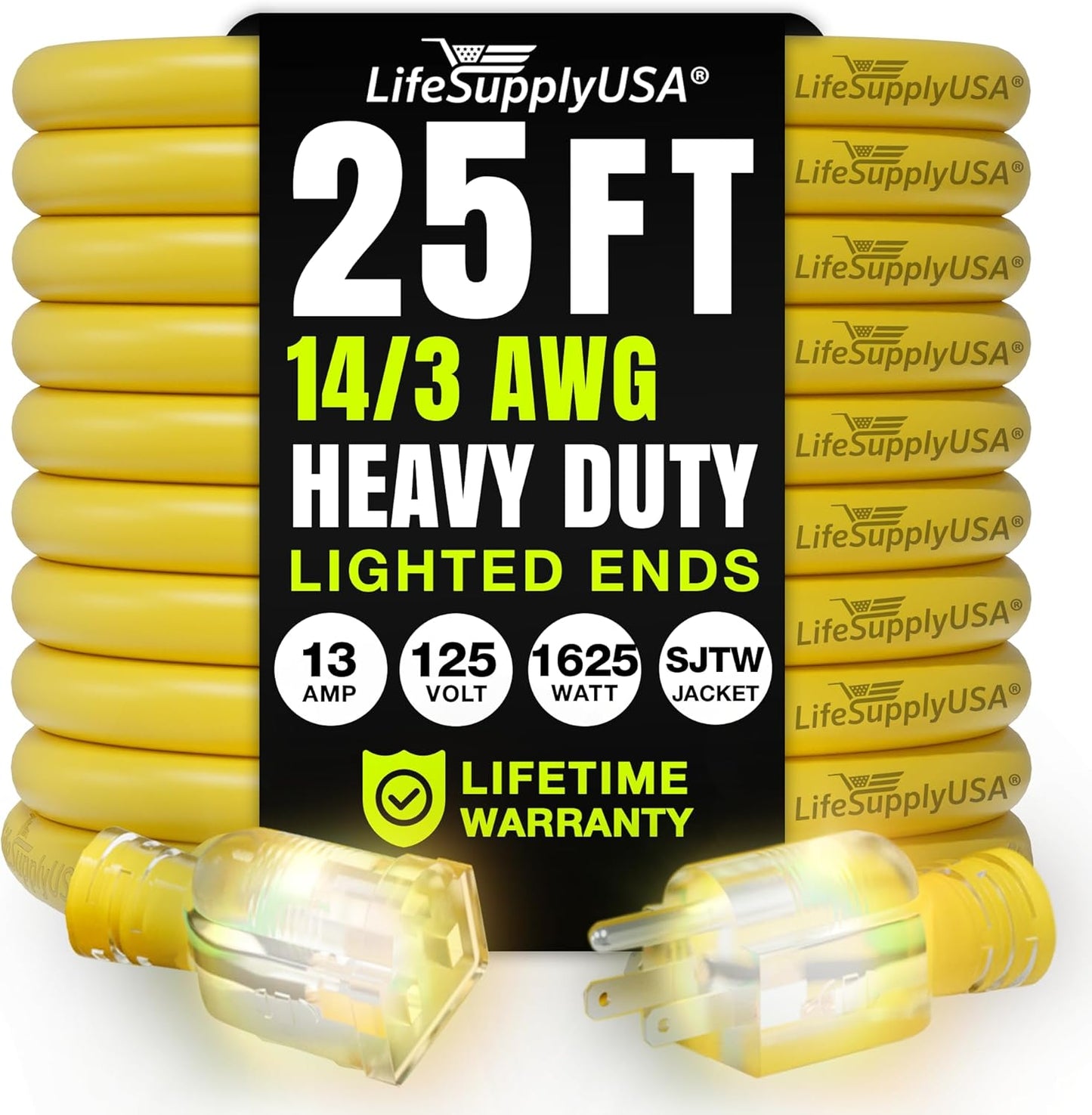 25ft Outdoor/Indoor Extension Cord 14/3 Gauge Heavy Duty 3 Prong SJTW, Waterproof, Flexible Cold-Resistant Long Power Cord,15A 125V 1625 W, Yellow by LifeSupplyUSA