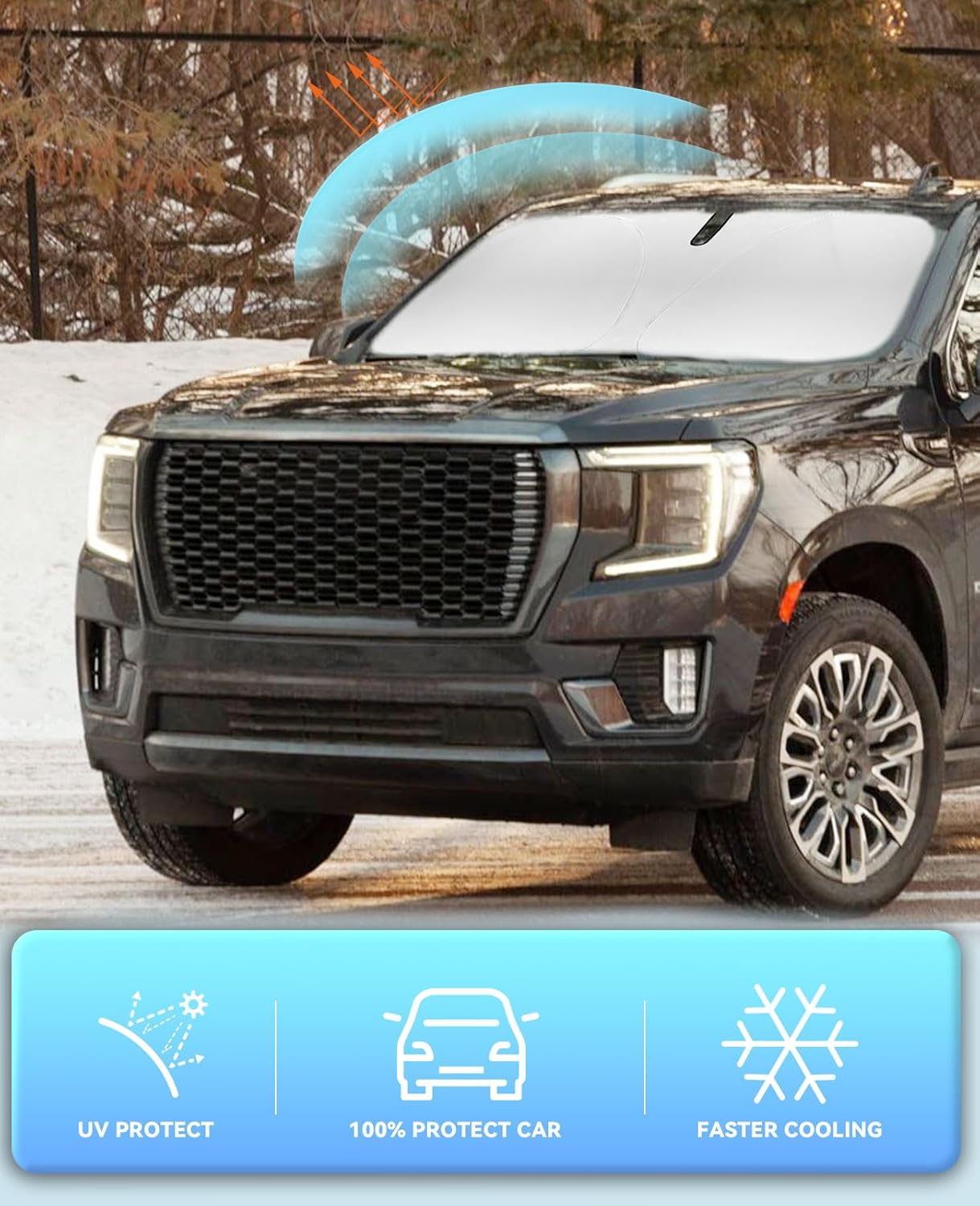 Sunshade Windshield Sun Shade for 2021 2022 2023 2024 2025 GMC Yukon XL Foldable Thicken 2-Layer Silver Coating Front Window Sun Visor Protector Cover for Windshield Blocks UV Rays Keep Vehicle Cooler