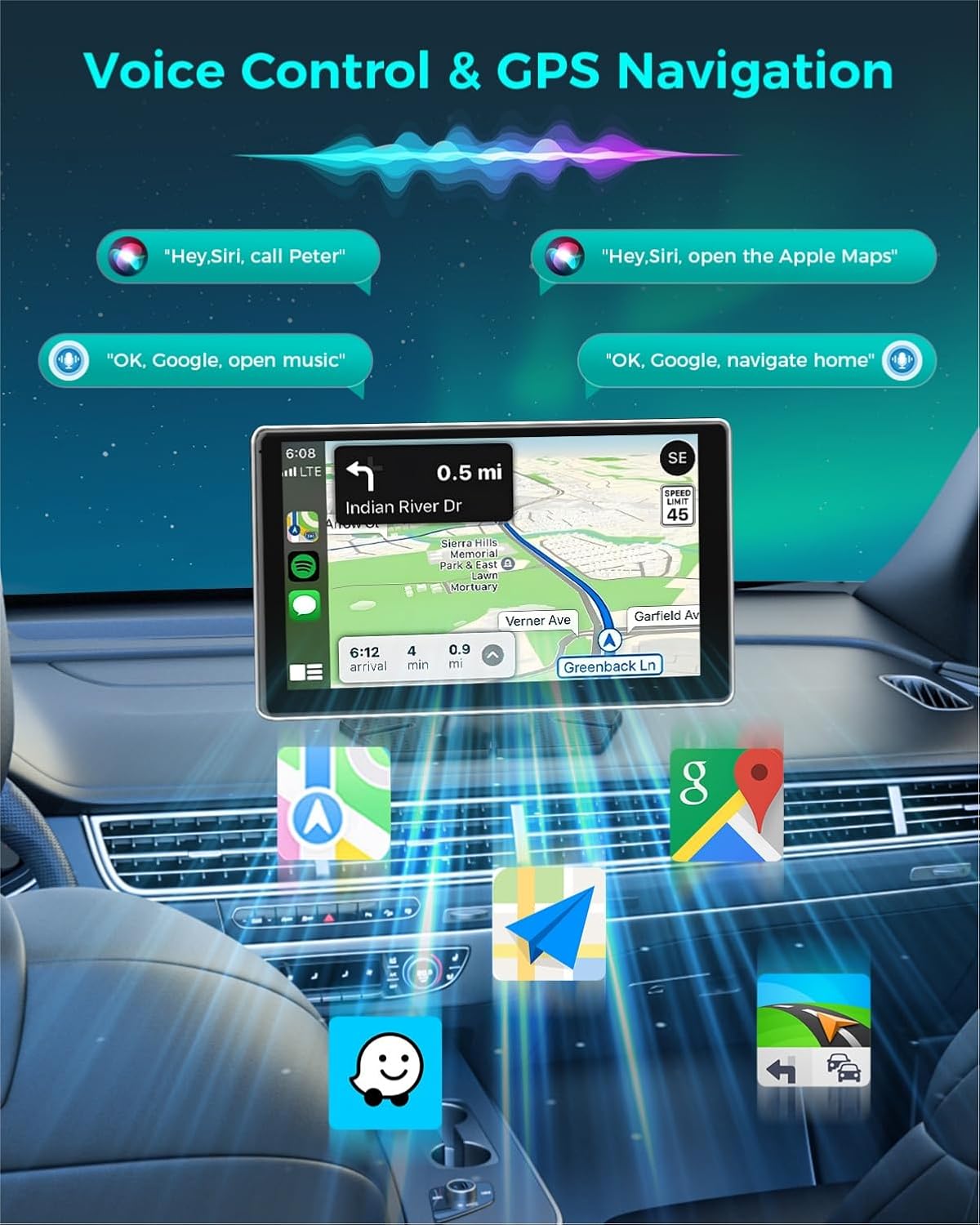 Wireless Carplay with 4K Dash Cam, 9" Portable Carplay Screen for Car, Apple Carplay & Android Auto Car Satellite Radio with 1080P Backup Camera, GPS Navigation/Mirror Link/Voice Control/Bluetooth