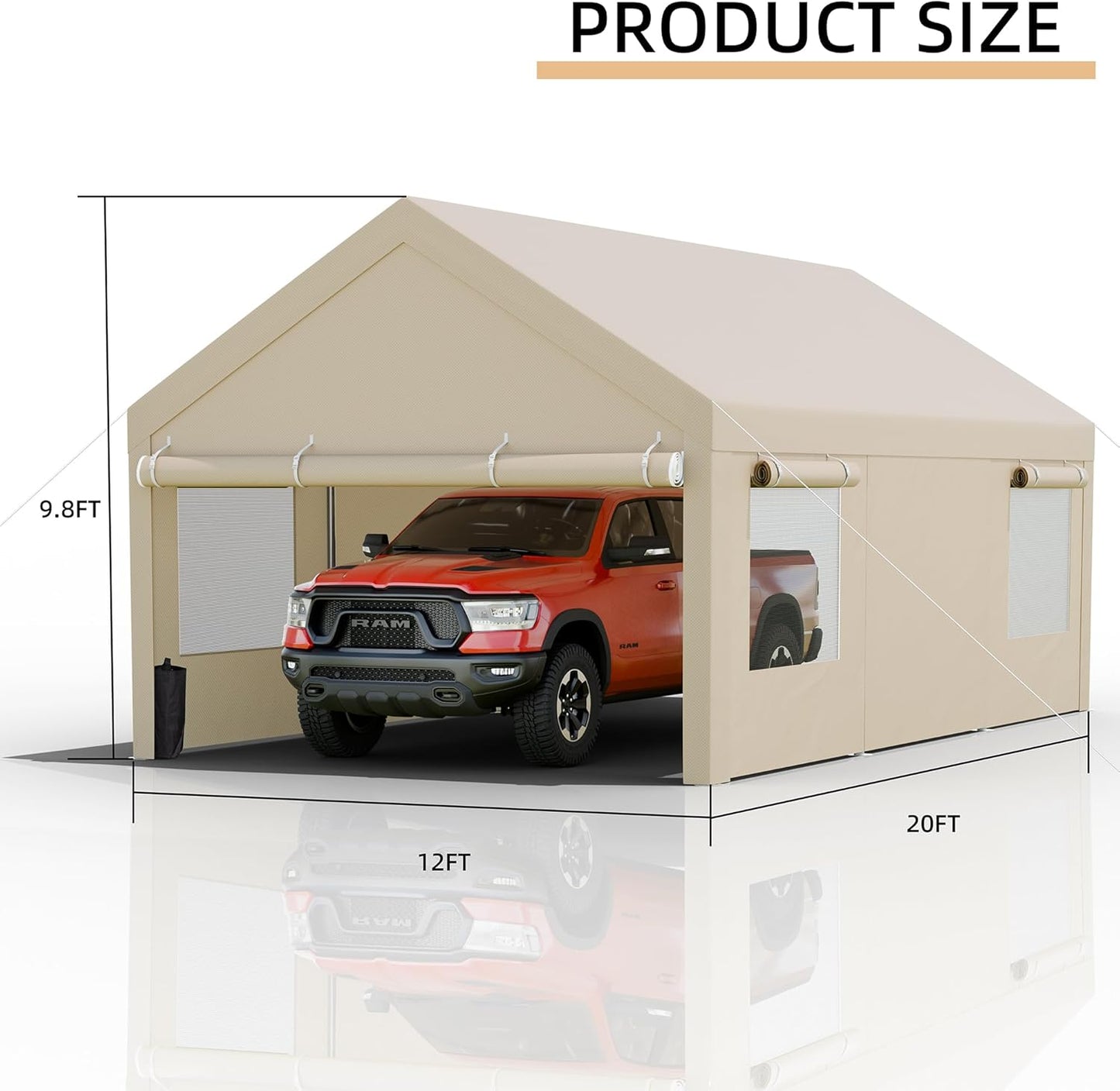 JY QAQA Carport, 12x20 FT Heavy Duty Carport with Removable Side Walls and Doors, Portable Garage with Roll-Up Window and Sandbags, Car Canopy with All-Season Tarp for Cars, Boats, Trucks, Khaki