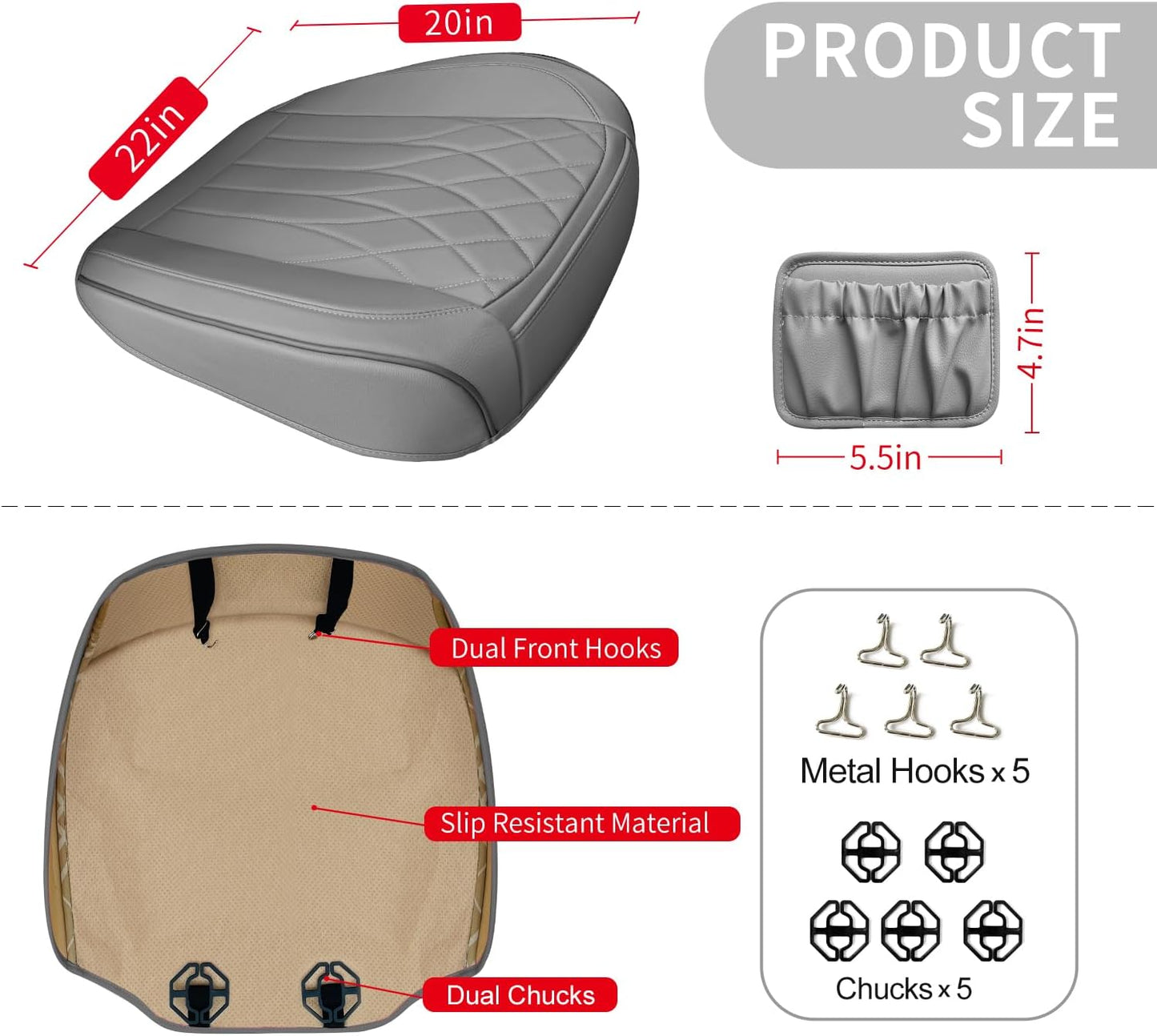 2 Pack Leather Front Car Seat Cover Bottom Car Seat, Universal Anti-Slip Driver Car Seat Protectors with Storage Pocket, Waterproof Bottom Auto Seat Cushion Pad Mat for Most Vehicles(Gray)