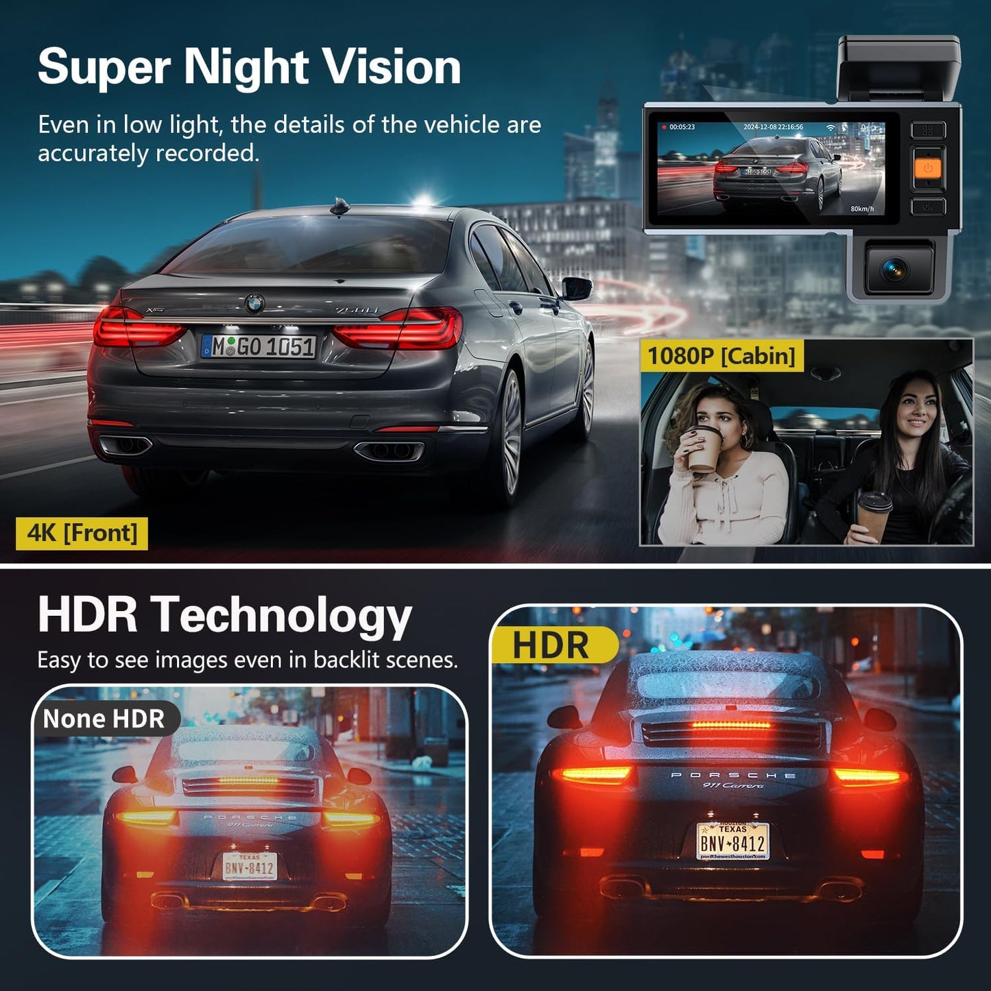 4K Dash Cam Front and Rear and Inside, UHD 2160P Night Vision 3 Channel Dash Camera for Cars, 3.16'' IPS Screen Dual Dashcam with Speed Recording, App Control,24H Parking Mode,G-Sensor