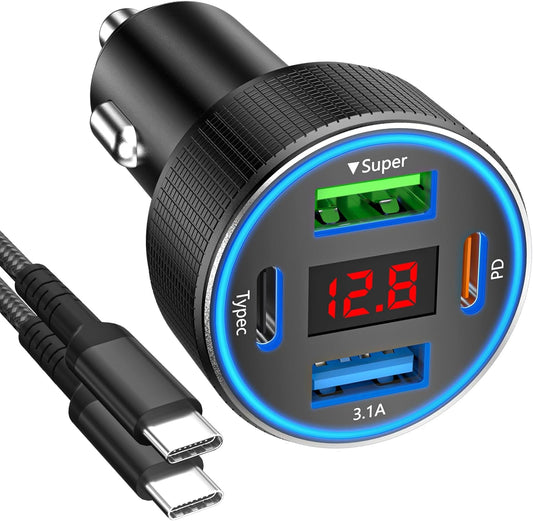 Car Charger with USB C Cable, 78W 4 Port Car Phone Charger Adapter Fast Charging, Dual USB C Car USB Adapter for iPhone 16 15 14 13 12, iPad, Samsung Glaxy, Android (Black & Cable)