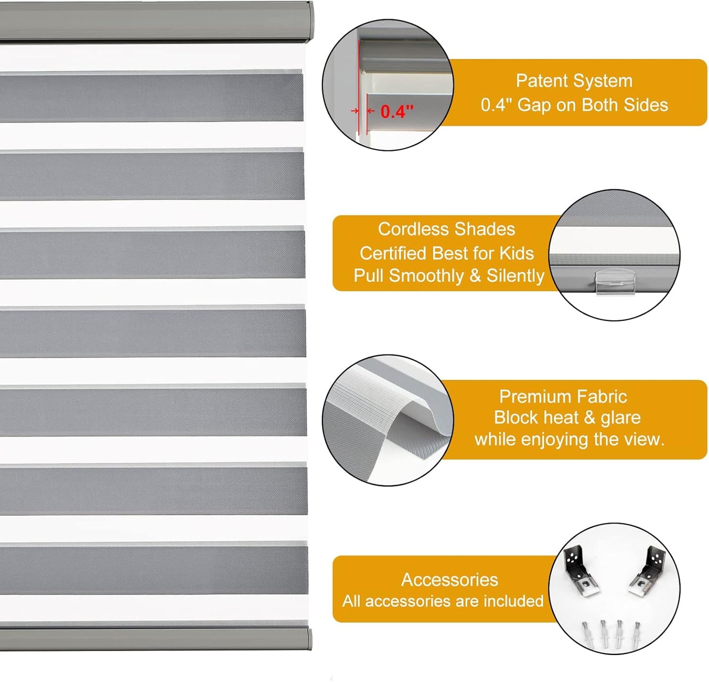 Persilux Cordless Zebra Blinds for Windows Free-Stop Roller Windows Shades (34" W X 64" H, Grey) Dual Layer Light Control for Day and Night, Light Filtering Sheer Shades for Home