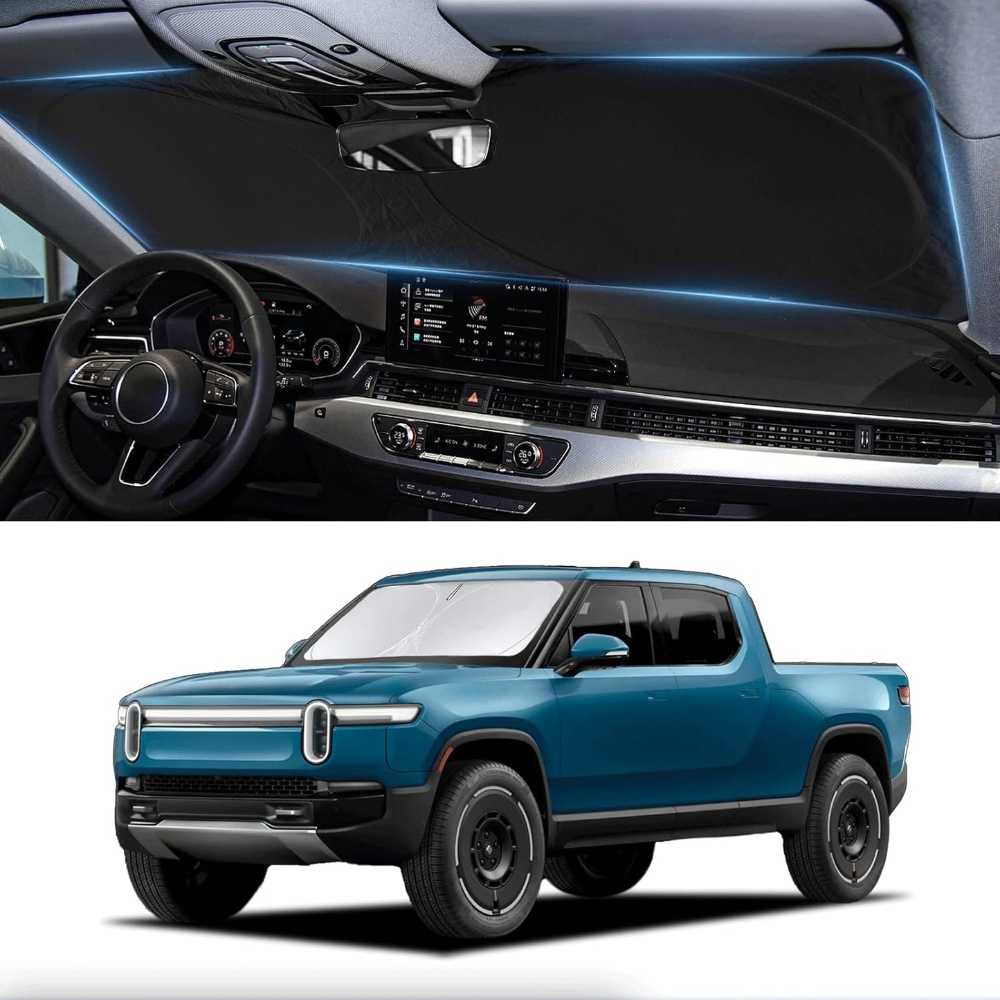 Custom Fit Rivian R1T Windshield Sunshade for 2022-2023 2024 2025 Rivian R1T Accessories Front Window Sun Shades Shield Cover for Windshield Foldable 210T Sun Visor Protector Blocks UV Ray