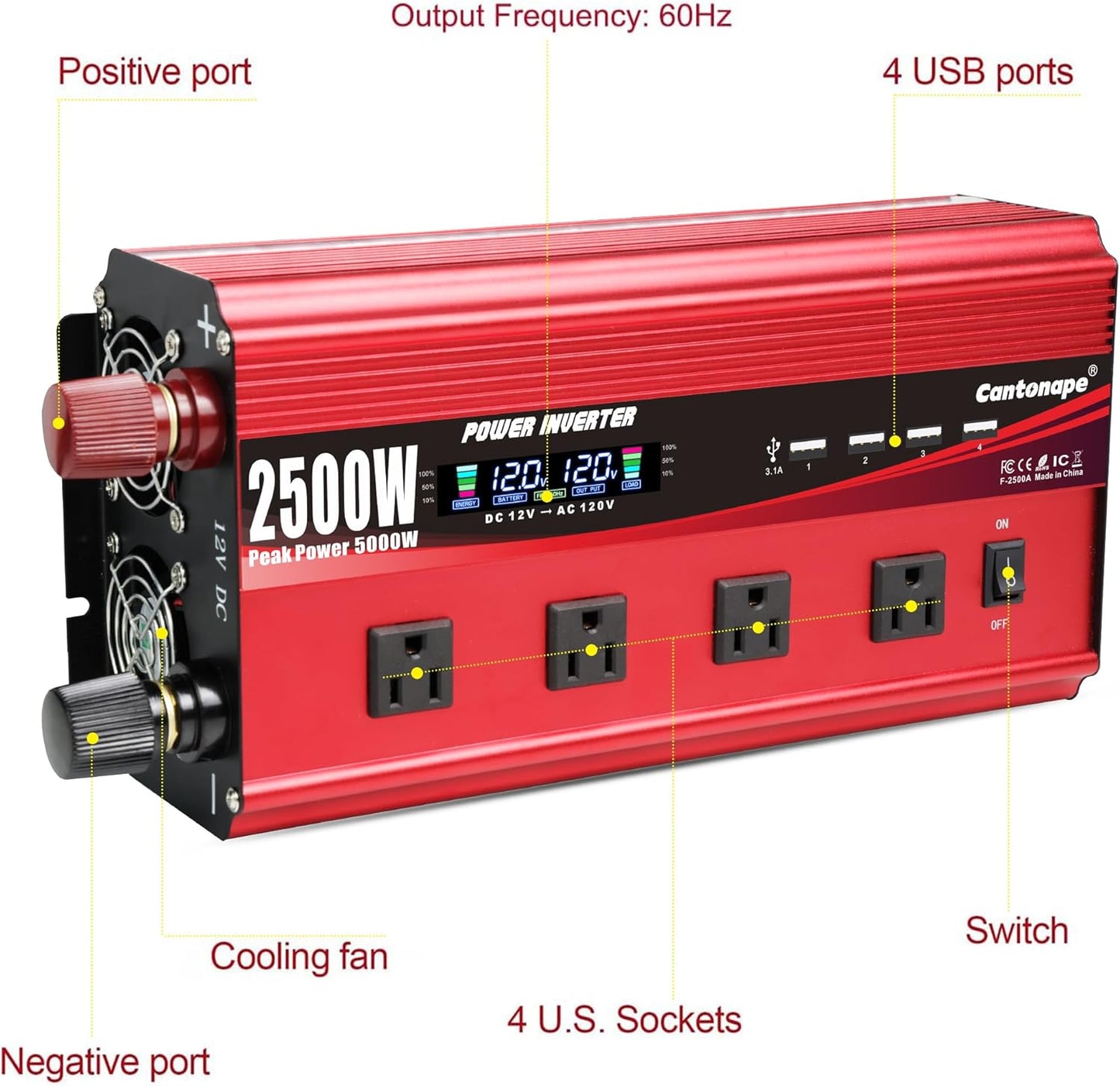 2500W Power Inverter 12V to 110V/120V DC to AC with LCD Display, Remote Controller 4 x AC Outlets and 4 x 3.1A USB Car Adapter for Car Truck Boat RV Solar System