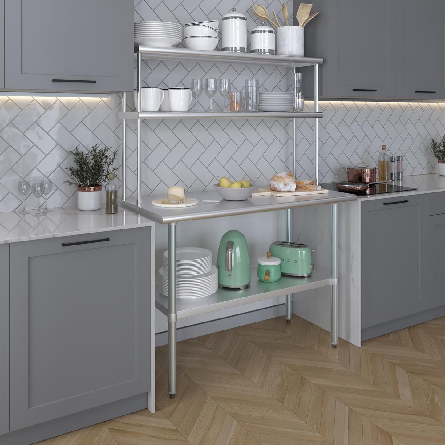 Amgood Stainless Steel Work Table Wide Double Tier Overshelf | NSF | Metal Kitchen Prep Table & Shelving Combo (24" x 48" Work Table + 12" Overshelf)