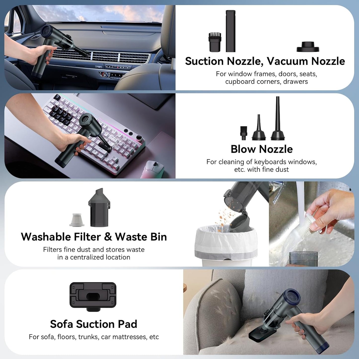 Car Vacuum Portable Cordless, Mini Handheld Vacuum Cleaner for Pet Hair/Car/Home, Suction & Blow 2 in 1, 22KPa High Power, 6000mAh, Small Lightweight Gadget, Type-C Rechargeable.