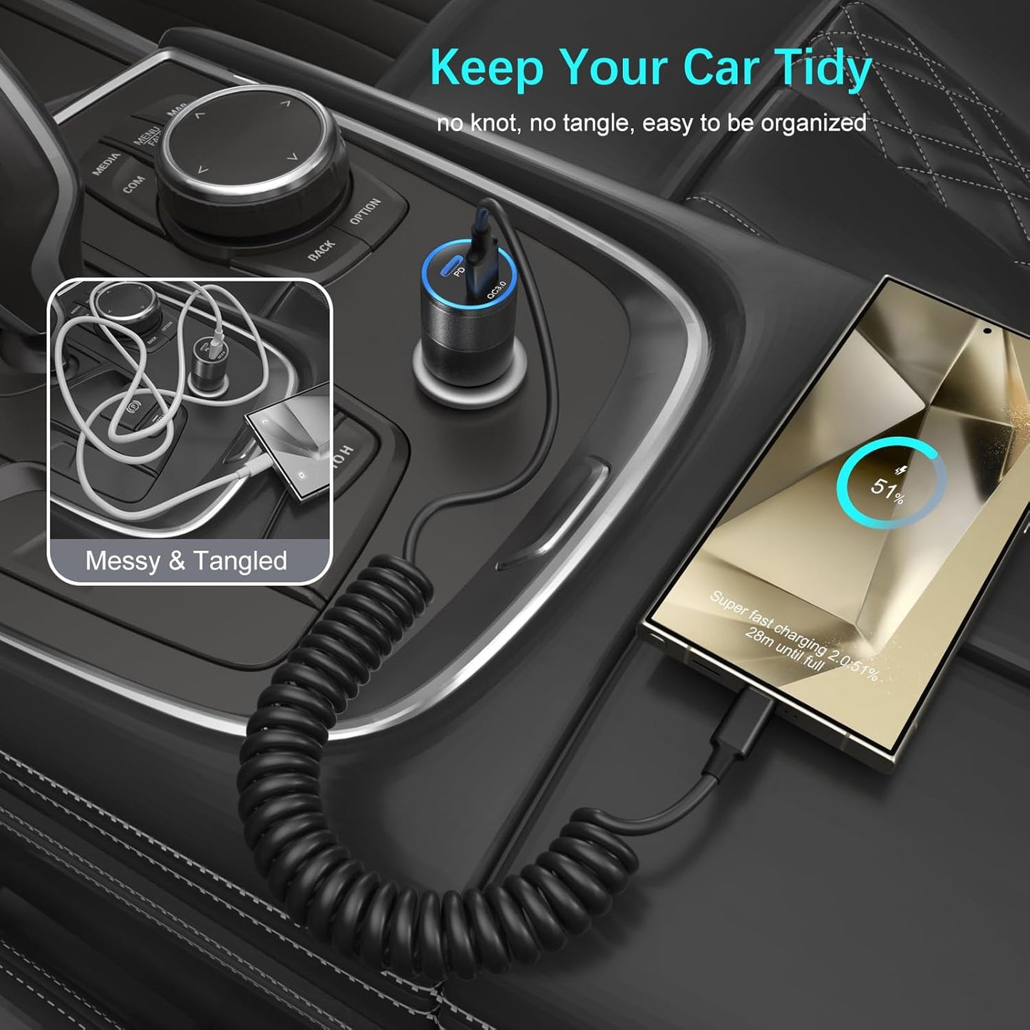 Coiled USB C Cable for Car, 3ft Retractable Car Charger Type C Fast Charging Cord 60W 3A for iPhone 16 15 Pro Max Carplay Galaxy S25 Ultra S24 FE A15 A54 A35 A16 Android Phones, 3Pack