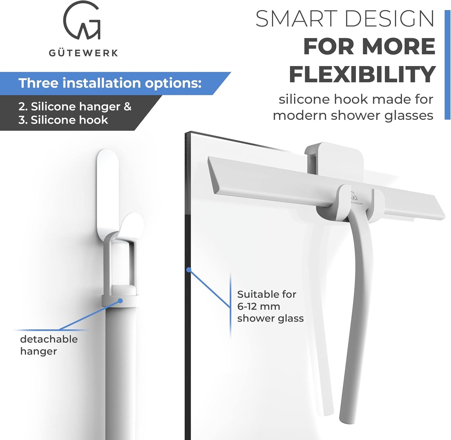 GÜTEWERK Shower Squeegee for Glass Doors, Silicone Window Squeegee, Bathroom and Glass Cleaning - White - 11 Inch