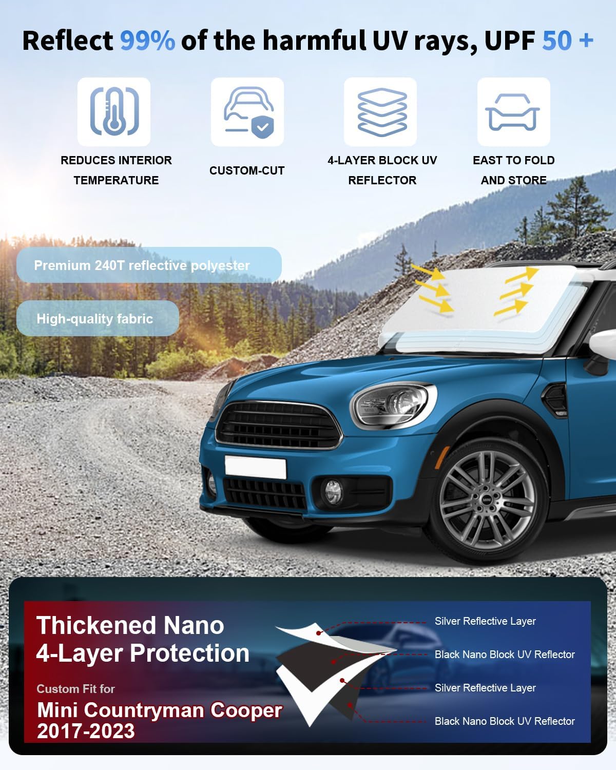 Sun Shade for 2017-2024 2025 Mini Countryman Cooper F60 SUV Windshield Sunshade Accessories 2-Layer Car Sun Shield Sun Visor Window Shade Blocks UV Rays Car Accessories