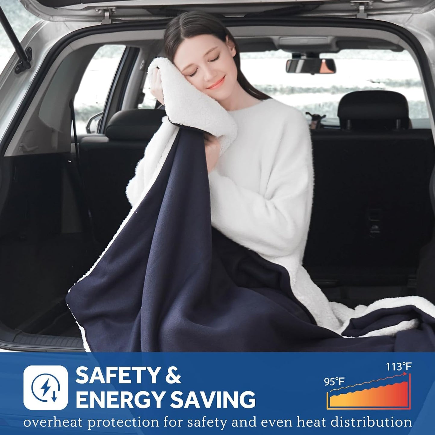 Sealy 12-Volt Heated Car Blanket with 2 USB Output Ports, 3 Heating Levels & 4 Hours Auto Off, Electric Blanket for Car, Truck, SUV, RV or Camping, Machine Washable, 59" X 43", Navy