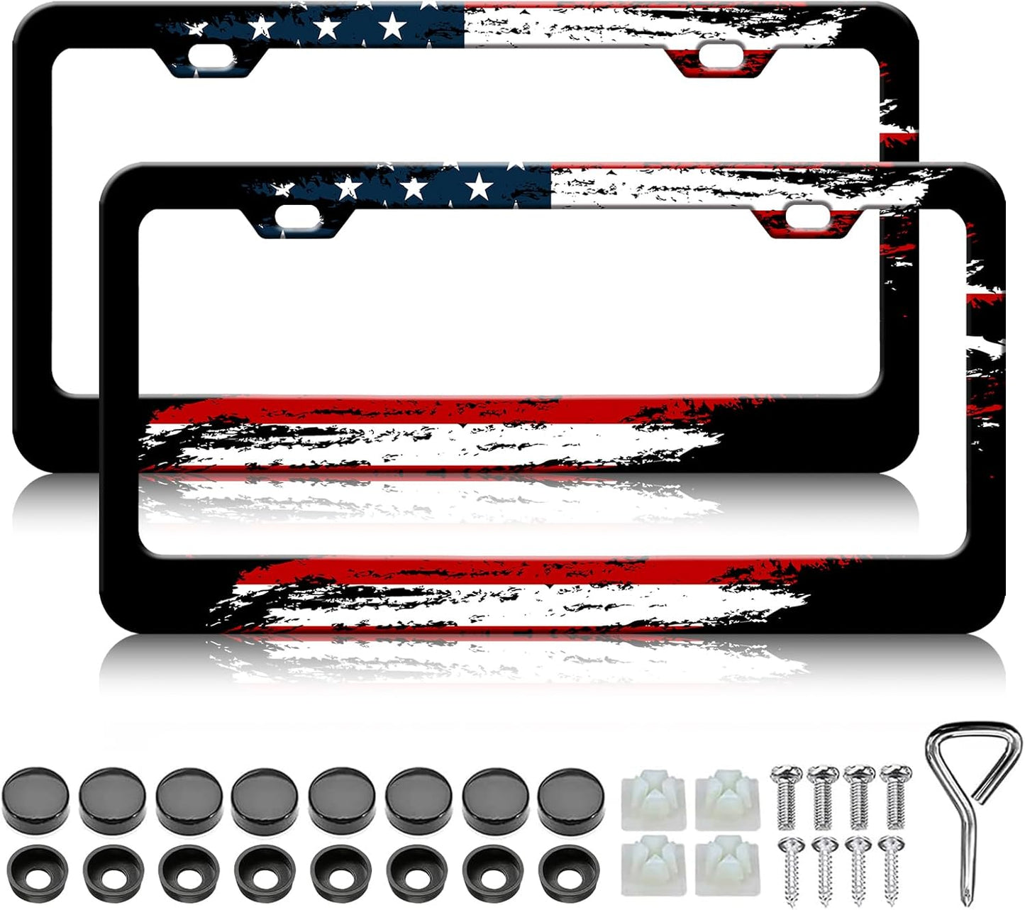 American Flag License Plate Frames - 2 Pack Vintage US Flag Stainless Steel License Plate Holder,Rust-Proof Waterproof Car Decorative Tag Frame with Screws Fasteners Caps