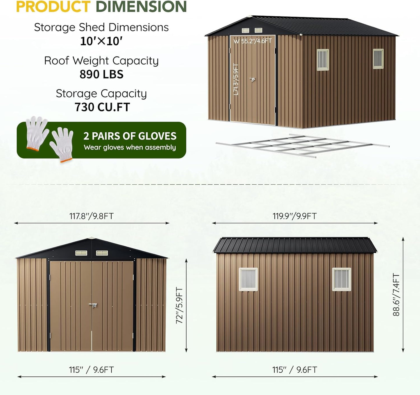 Breezz Outdoor Storage Shed 10 x 10ft. Utility Tool Shed Metal Storage Garden Shed with Lockable Doors, Windows & Metal Frame Floor for Patio Storage,Brown