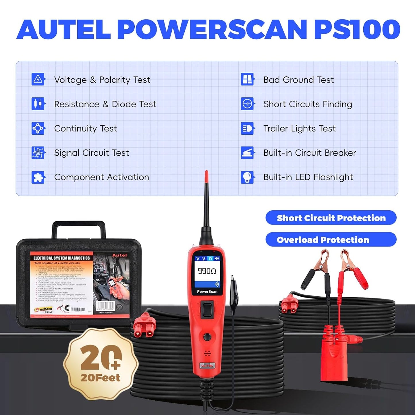 Autel PowerScan PS100 Circuit Tester, 12V 24V Automotive Electrical Tester, Circuit Breaker Finder, AC/DC/Continuity/Signal Test, Component Activation, Power Circuit Probe Kit with 40ft Cable