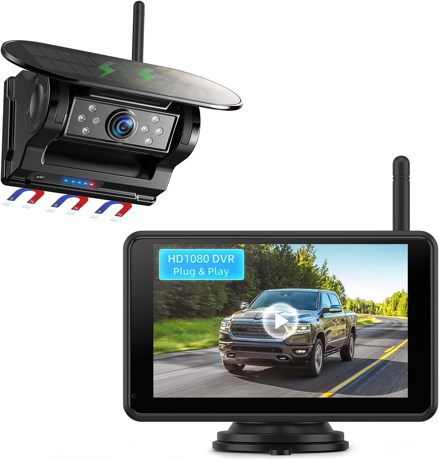 eRapta Magnetic Solar Wireless Backup Camera: HD1080P 5” Touchscreen Portable with DVR, BSD, 1-Min Install-Free IR Night Vision Hitch Backup Camera for Trailer/Truck/Small RV/Camper/Tractor-AWTCM501