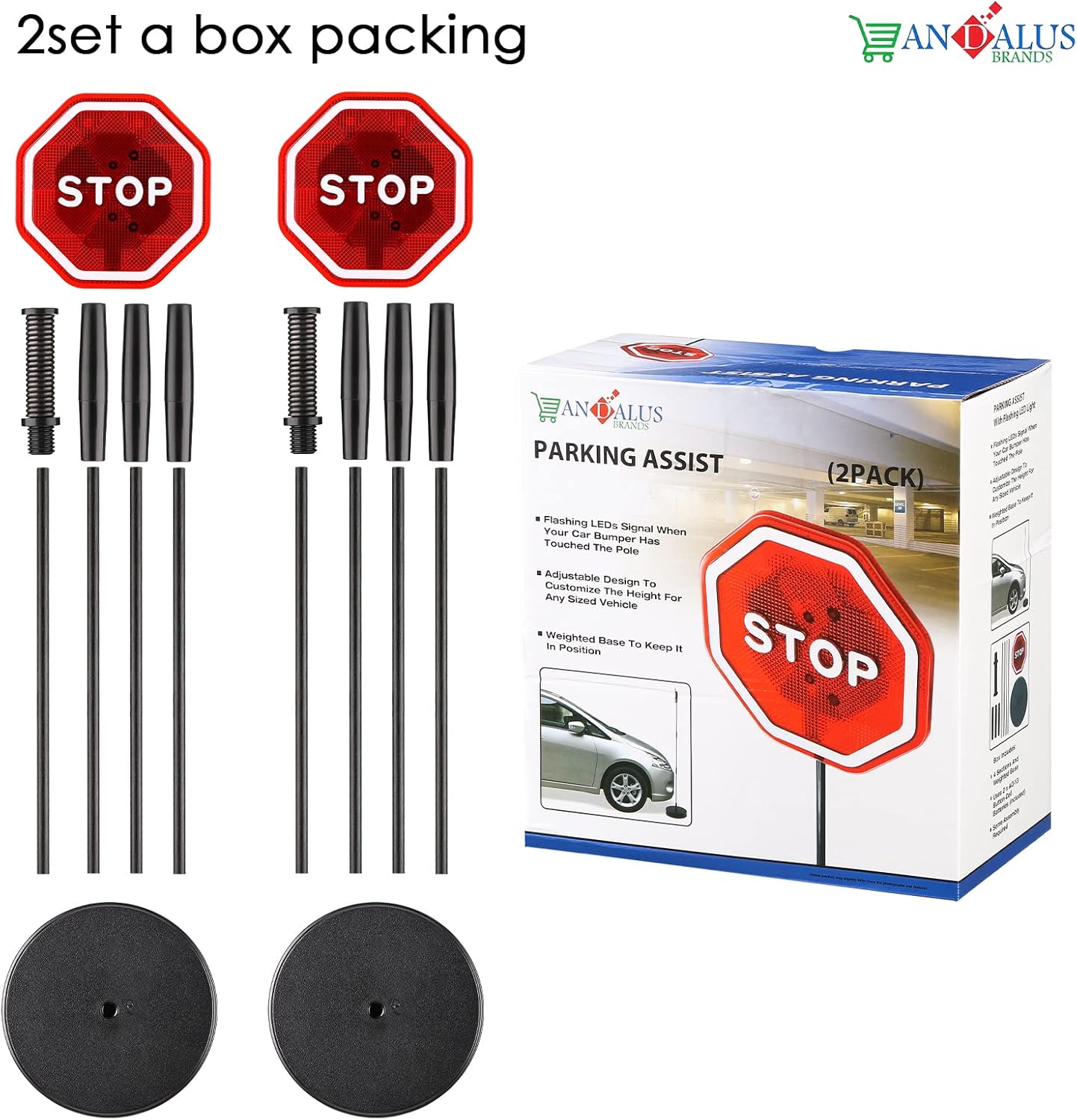 Andalus Brands Flashing LED Stop Sign Garage Parking Assistant System | Bumper Sensor,Red (2 Pack)