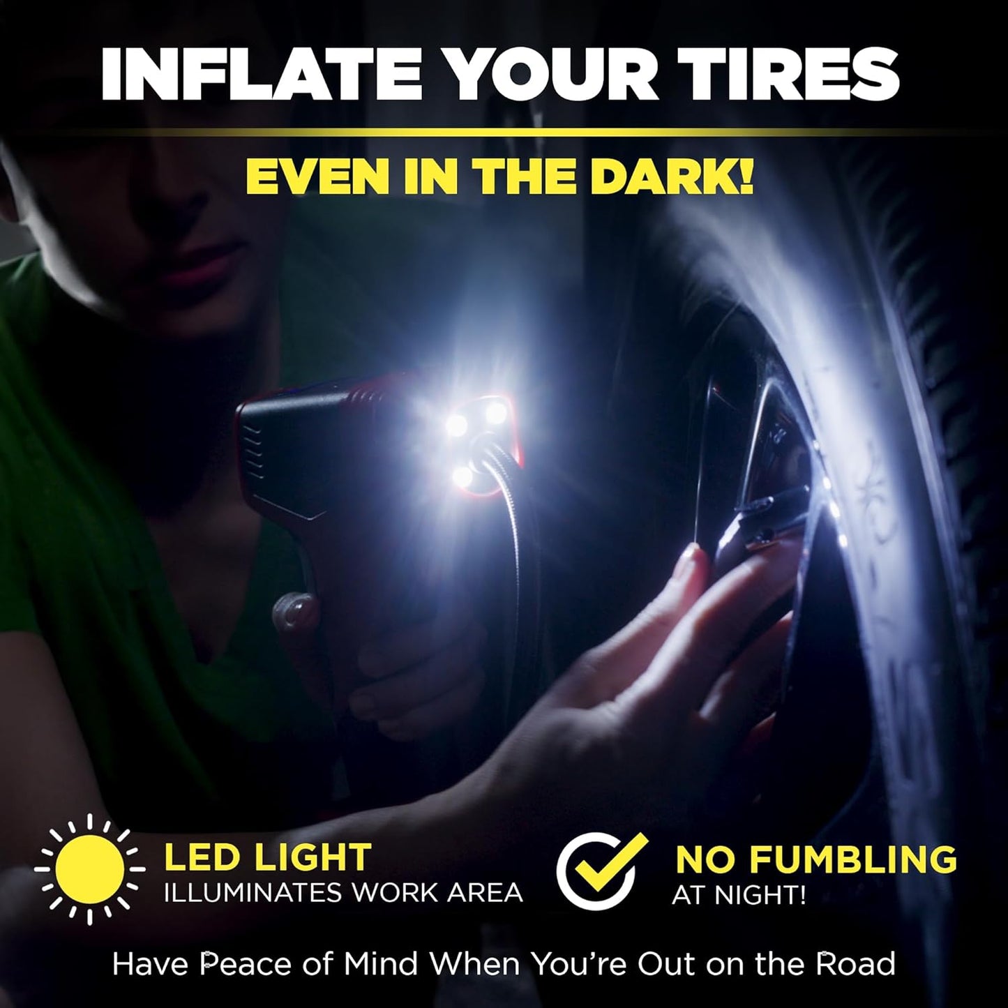 Bullseye Pro Automatic Digital Tire Inflator 150 PSI Max w/Gauge Display Screen & Pre-set Pressure in KPA, PSI, BAR, kg/cm, Built-in LED Lights, Rechargeable, Air Compressor, Car Tire Pump