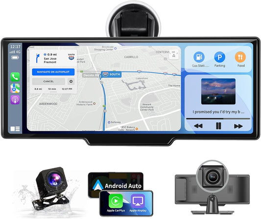 Portable Carplay Screen for Car - 10.26" Wireless Carplay & Android Auto Car Stereo, with 4K Dash Cam, Backup Camera, Bluetooth, GPS Navigation/Mirror Link/Voice Control/Bluetooth
