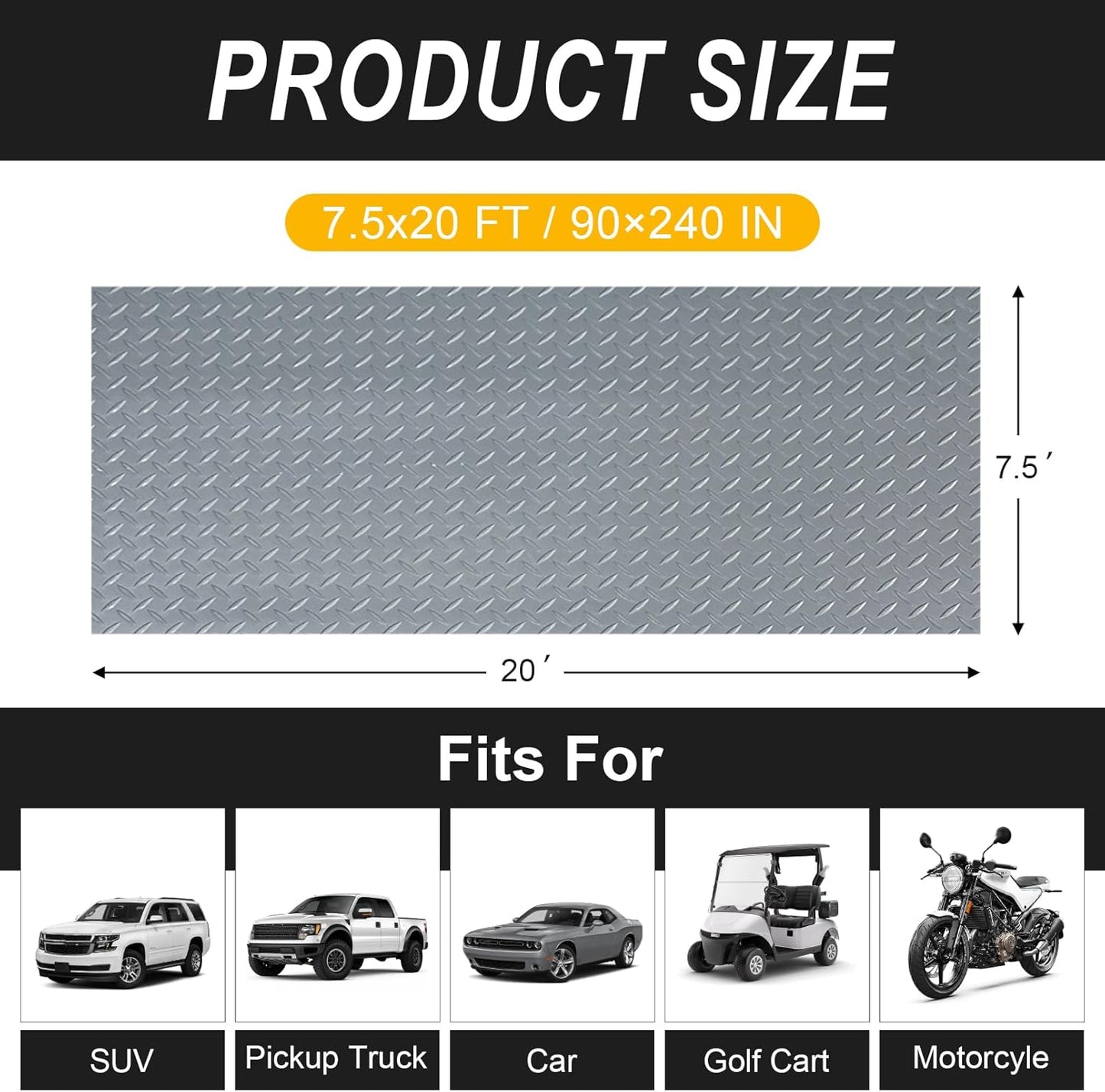 7.5x20 FT Garage Floor Mat, 2.8mm Thickened Flooring Roll with 20Pcs Tapes, Diamond Plate PVC Rubber Trailer Mat, Non-Slip Floor Protector Mat for Garage, Warehouse, Gyms, Trailer(Gray