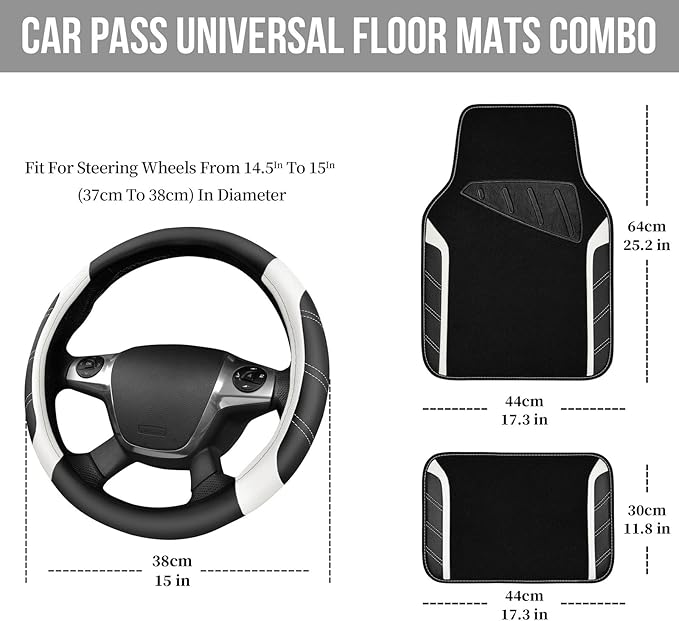 CAR PASS Leather Steering Wheel Cover and Waterproof Car Floor Mats, Microfiber Universal Car Combo Fit for 95% Sedan SUV Van,14.5-15 inch Sporty Anti-Slip Safety Comfortable Design, Black＆White