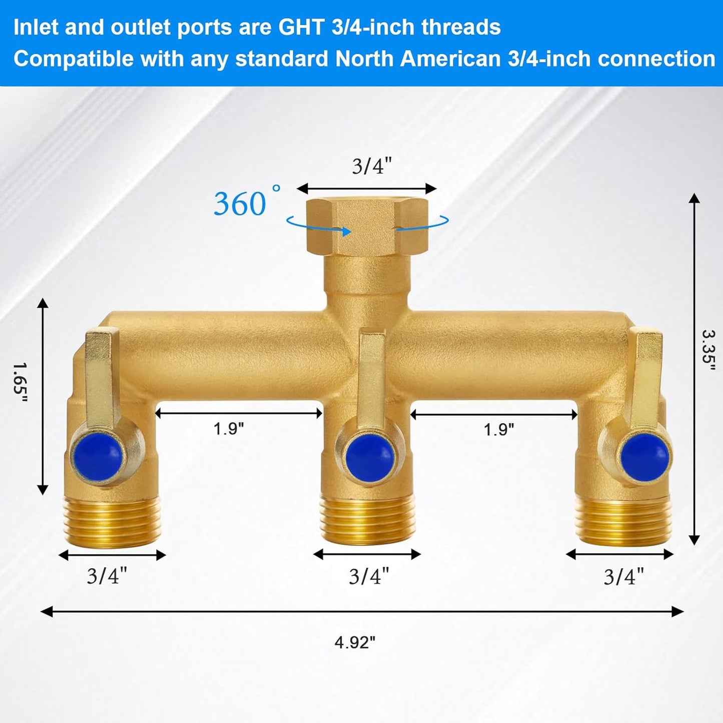 Brass Garden Hose Splitter, 3 Way Hose Splitter, Outdoor Hose Splitter, GHT 3/4 in. Female Inlet and 3 Way 3/4 in, (Increase Flow Style)