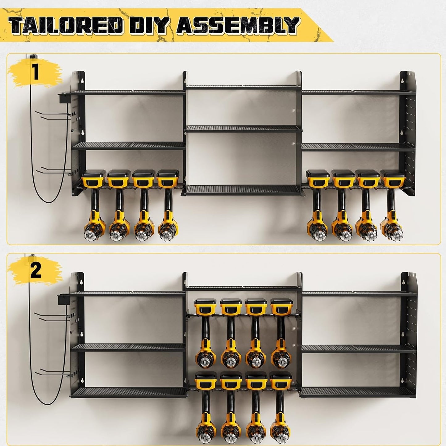 Power Tool Organizer with Charging Station Wall Mount, 3 Layer Expanded Heavy Duty Garage Organization, 45.5 Inch Length Garage Tool Storage, 8 Drills, 2 Assemble Method, Black