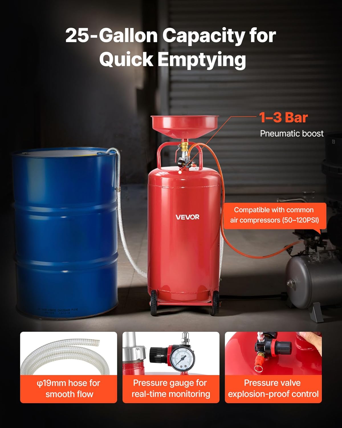 VEVOR 25 Gallon Waste Oil Drain Tank, Air Operated Portable Oil Drainer with Adjustable Funnel Height, Industrial Fluid Drain Tank with Wheels, Fluid Fuel Transfer Drainage for Auto Repair Shops, Red