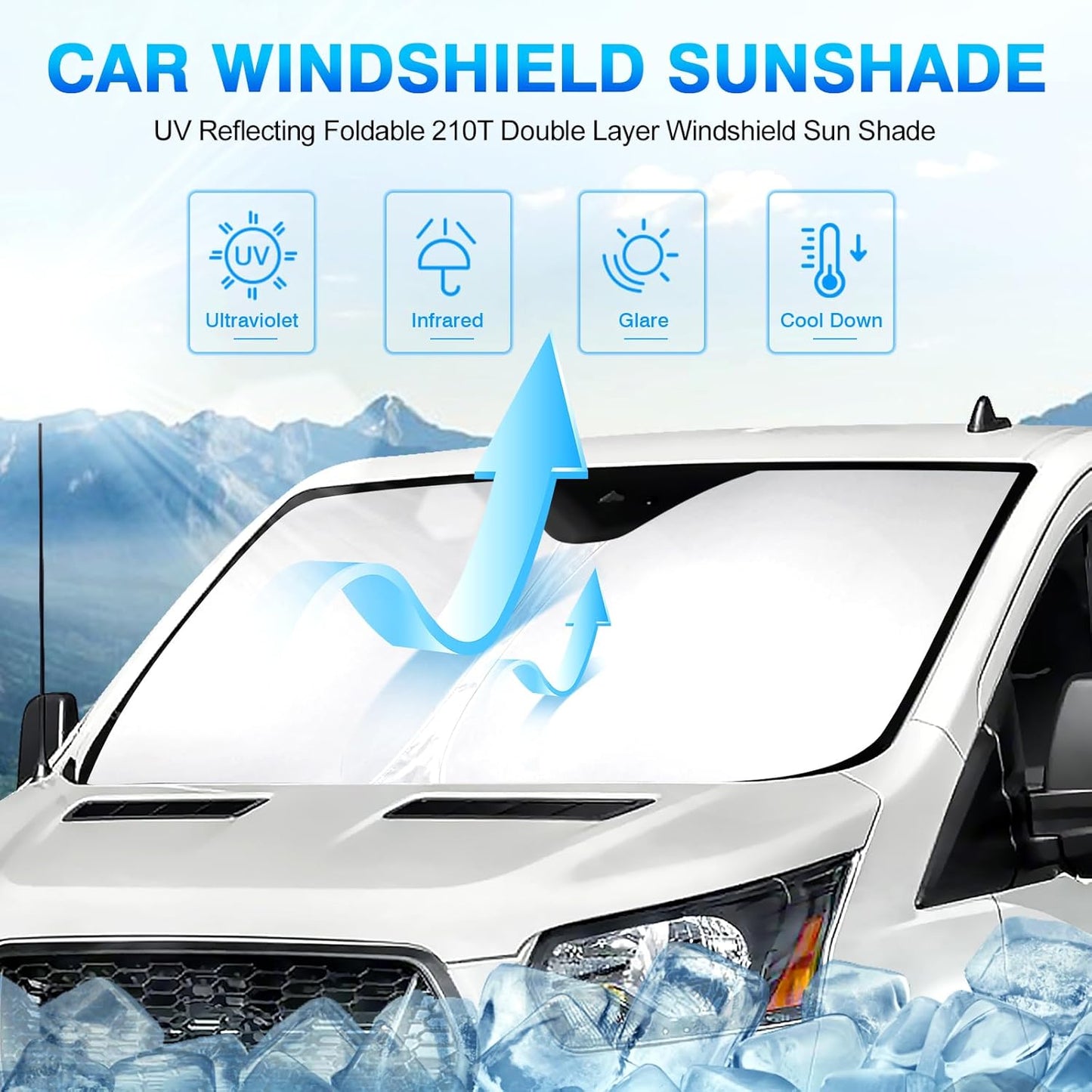 KUST Windshield Sun Shade for 2024 2025 2026 Ford Transit 350 Custom Fit Sunshade Window Sun Visor Protector Foldable Blocks UV Rays Keep Car Cooler
