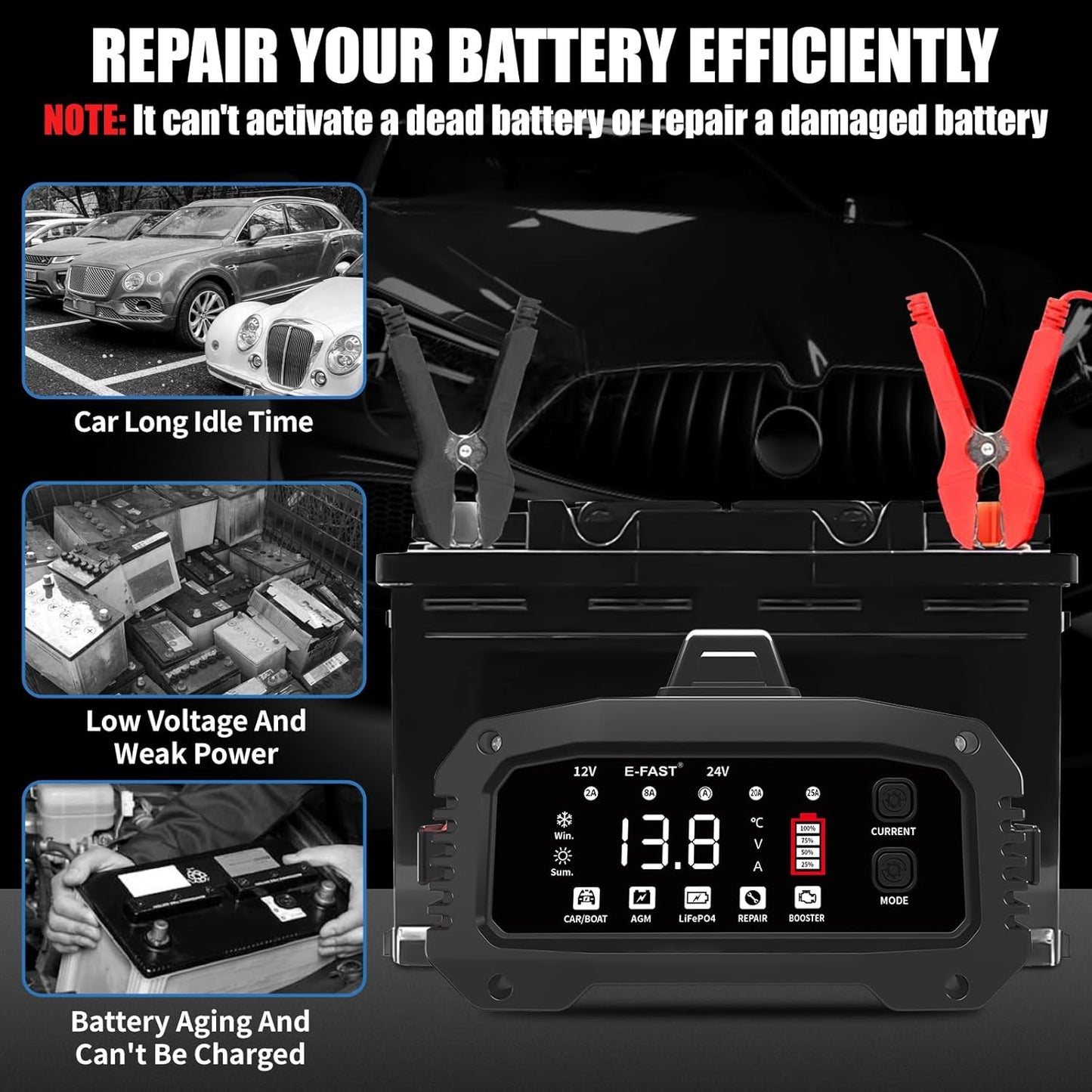 E-FAST 25A Battery Charger, 12/24V All in One Lifepo4 Lead Acid Car Battery Charger, Automotive Jump Starter, Upgraded Trickle Charger, Battery Maintainer for Car Truck Motorcycle Lawn Mower Boat