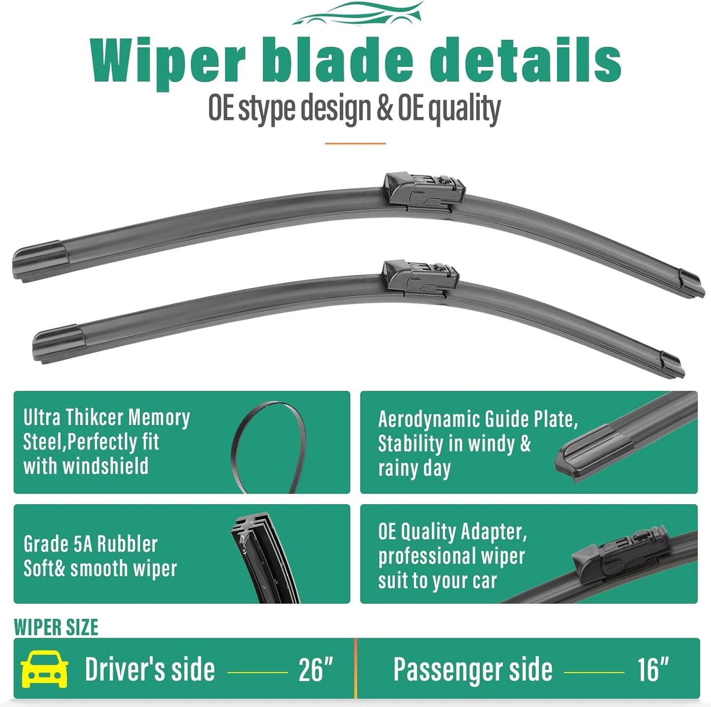 26" 16" 12" Windshield Wiper Blades Replacement for LEXUS NX NX200t 2015 2016 2017 / NX300 2018-2021 / NX300h 2015-2021 Premium All Weather Front Rear Wipers Set - OEM Quality (Pack of 3)