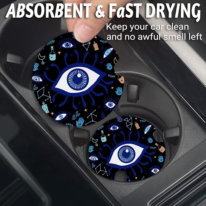 Car Coasters for Cup Holders，2.75" Anti Slip Rubber Mat with A Finger Notch, 2 Pack Car Cup Holder Coasters for Car Interior Accessories for Women Men Evil Eye