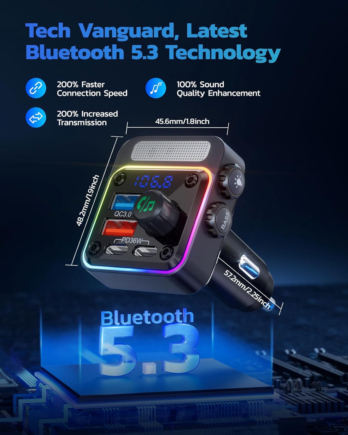 Nulaxy 54W Bluetooth 5.3 Car Adapter Charger 4-Port Fast Charging [PD36W & QC3.0 18W], Wireless Radio FM Transmitter with Deep Bass Player, 5 Colors LED Backlit, Hands-Free Calling, Support USB Drive