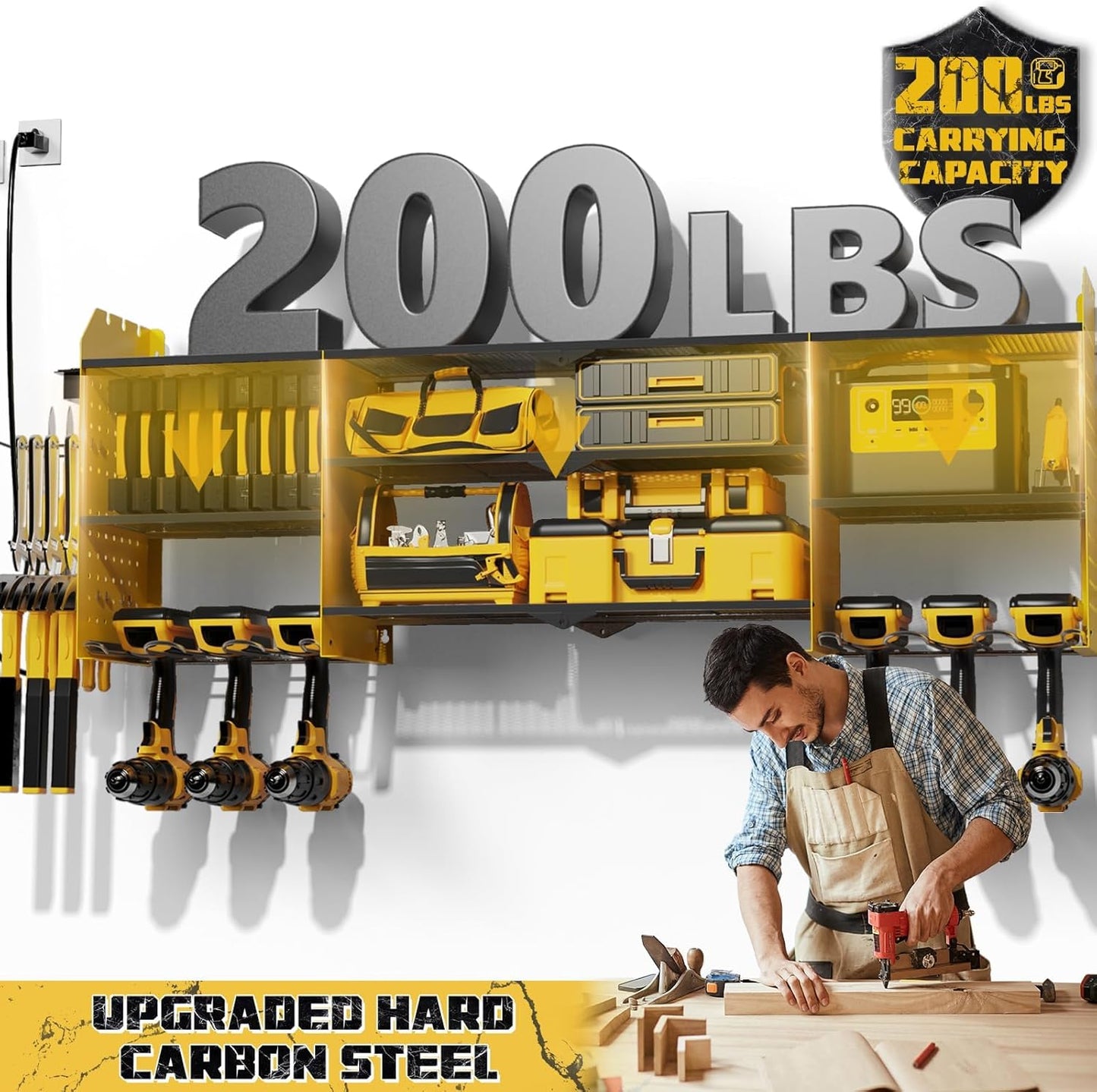 45" Large Power Tool Organizer Wall Mount with Charging Station - 3 Layer Storage Racks with 8 Cordless Drill Holder, 4 Hooks, Heavy Duty Garage Tool Organizer Storage for Workshop Pegboard Basement