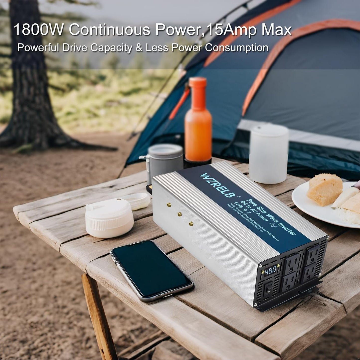 WZRELB 1800W Pure Sine Wave Inverter 12V DC to 110V 120V AC,Car Power Inverter with 4 AC Outlets, LED Display,Off-Grid Portable Power Converter for Home, RV, Truck, Camping