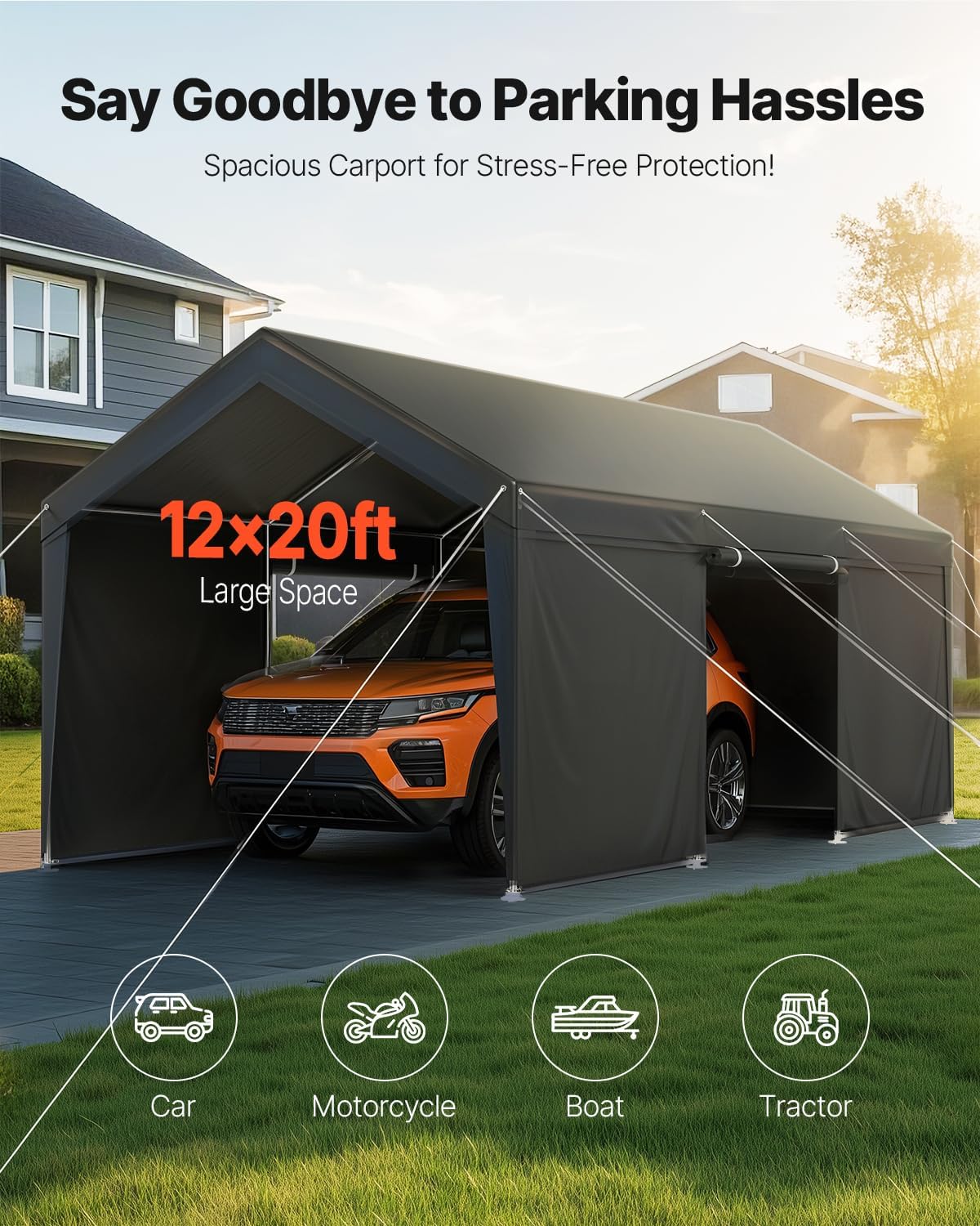 VEVOR 12x20 FT Heavy Duty Carport, Portable Car Canopy with Removable Sidewalls and Door, Outdoor Car Shelter, UV-Resistant, Water-Resistant, All-Season Car Shelter for Cars, Boats, and Equipment