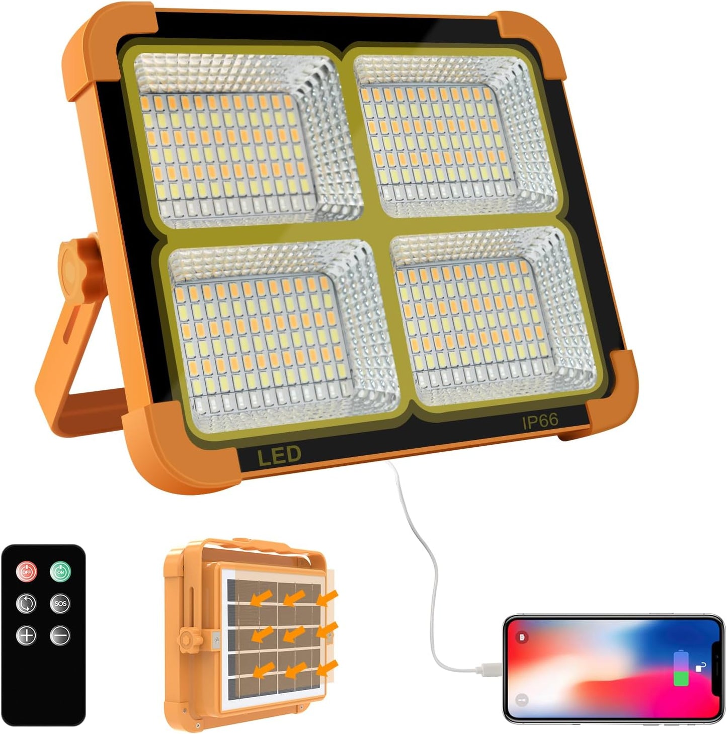 Portable LED Work Solar Light 100W 16500mAh 10000 LM with Stepless Brightness Job Site Battery Rechargeable LED Floor Light for Emergency Worklight for Hurricane (Orange(Remote))
