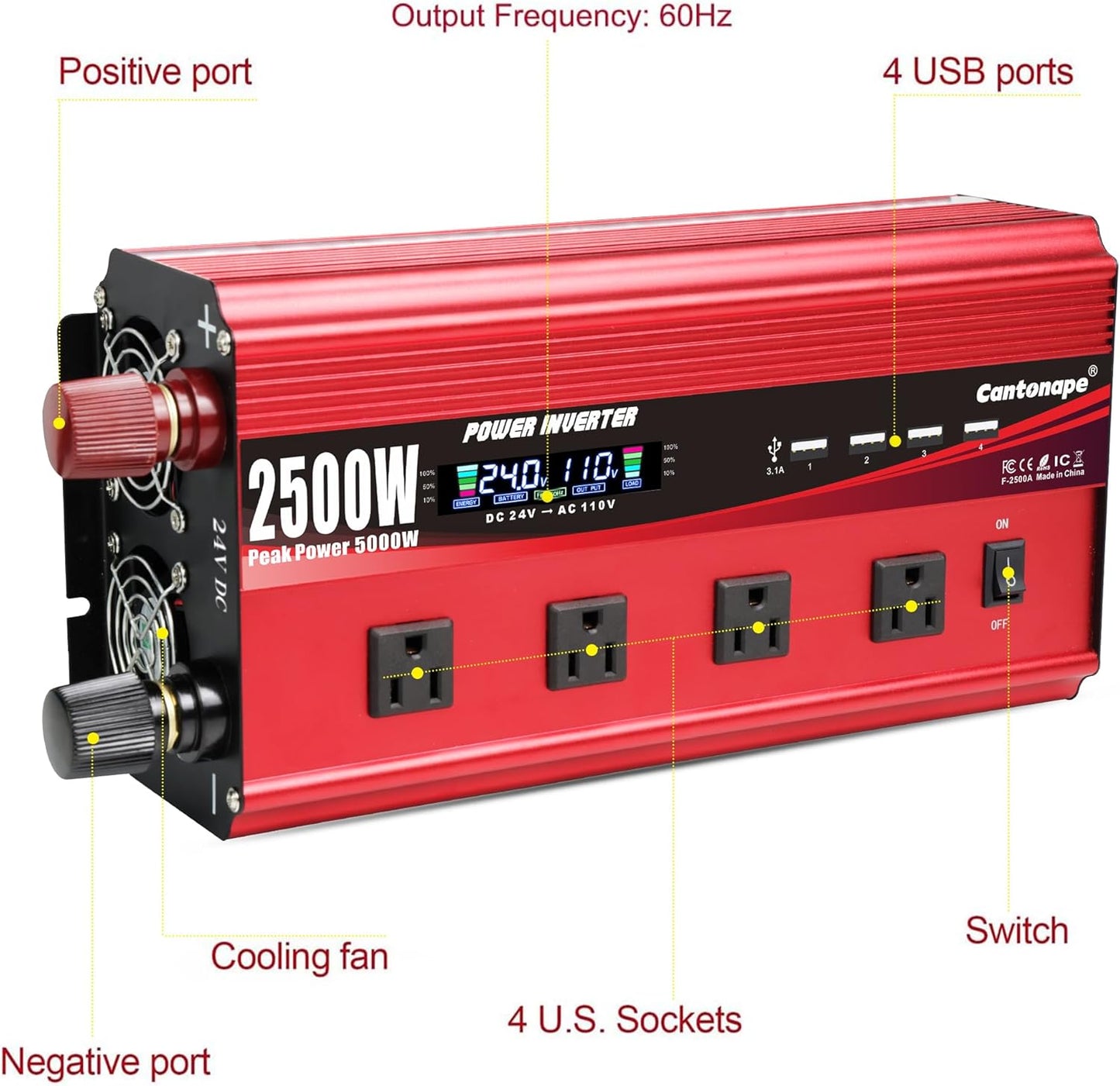 2500W Power Inverter 24V to 110V/120V DC to AC with LCD Display, Remote Controller 4 x AC Outlets and 4 x 3.1A USB Car Adapter for Car Truck Boat RV Solar System
