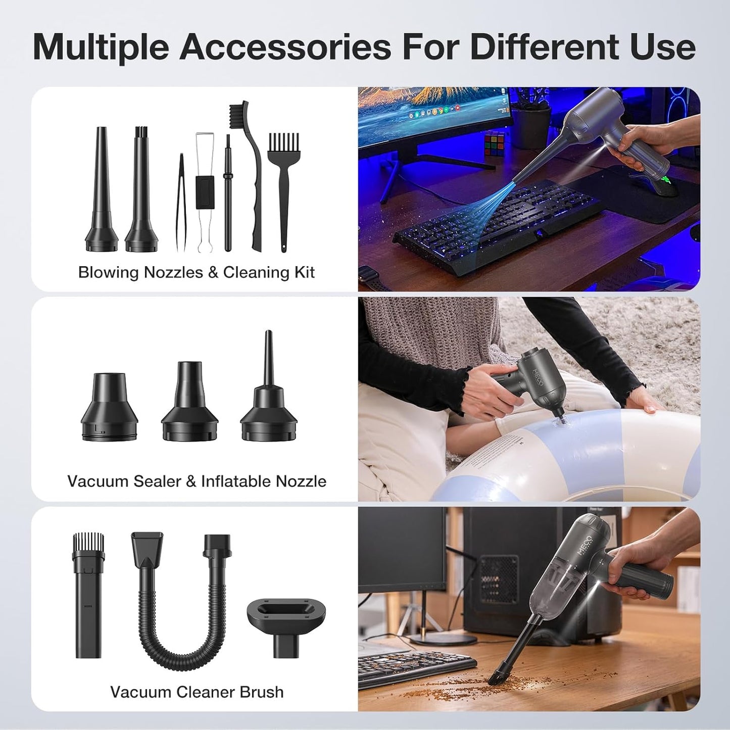 MECO ELEVERDE Compressed Air Duster Electric, 130000RPM 4in1 Air Duster Vacuum/Mini Vacuum/Air Blower & Pump, 3 Gear Brushless Motor with LED Light for PC, Keyboard, Car, Carpet (Gray)