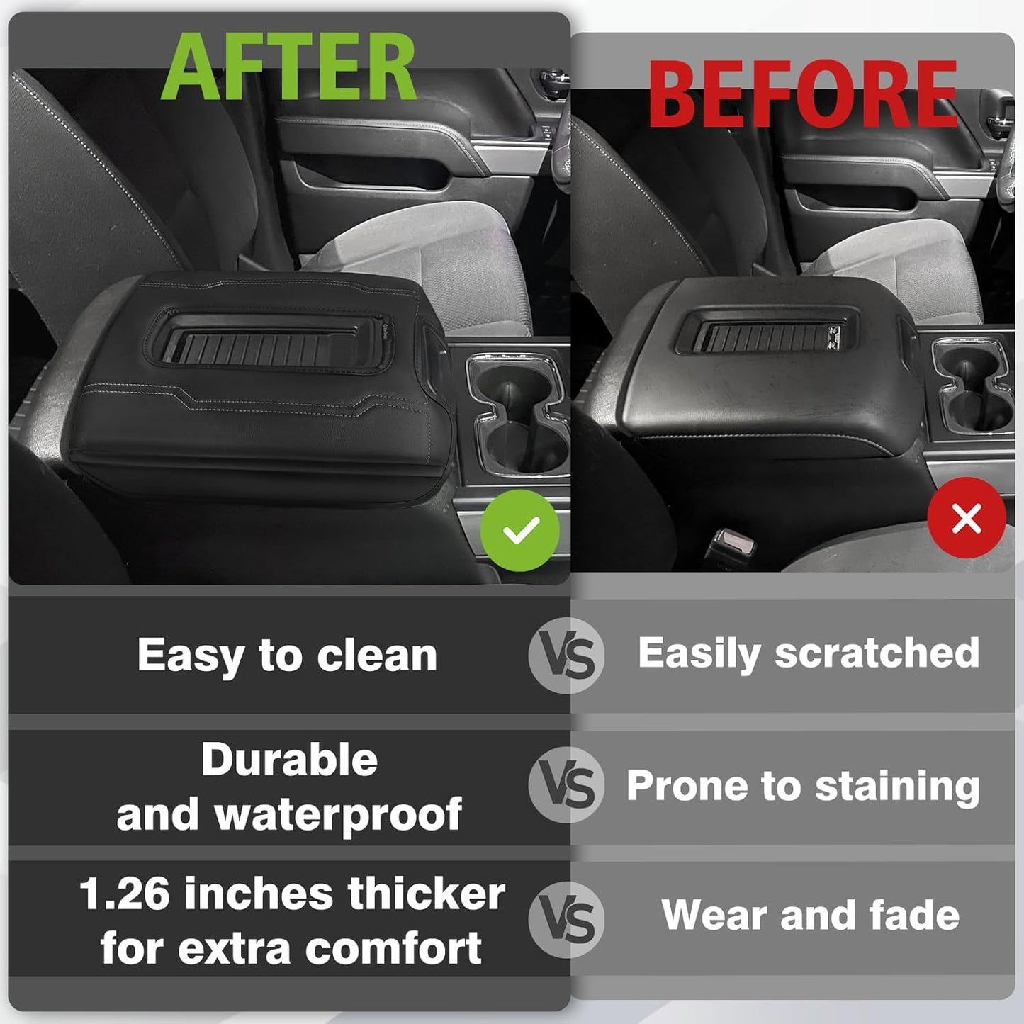 Muslogy Center Console Armrest Cover Compatible with Chevy Silverado & GMC Sierra 1500 2500 3500 2014-2018 Armrest Pad Arm Rest Cushion Vegan Leather Protector 1-Inch Extra Thick(Bucket Seat ONLY)