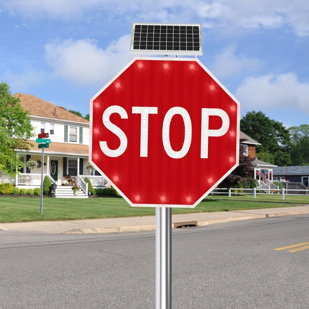 30" Solar Stop Sign Solar Powered LED Blinking Reflective Street Traffic Warning Sign Octagon Rust-proof Metal Frame