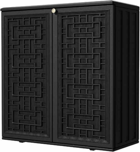 Outdoor Storage Cabinet Waterproof with Shelf,Resin Storage Sheds Outdoor Cabinets for tub towels/chemicals/grill items/Patio/Garden/Backyard, Size 34.3''L*15''W*36.2''H（Black）